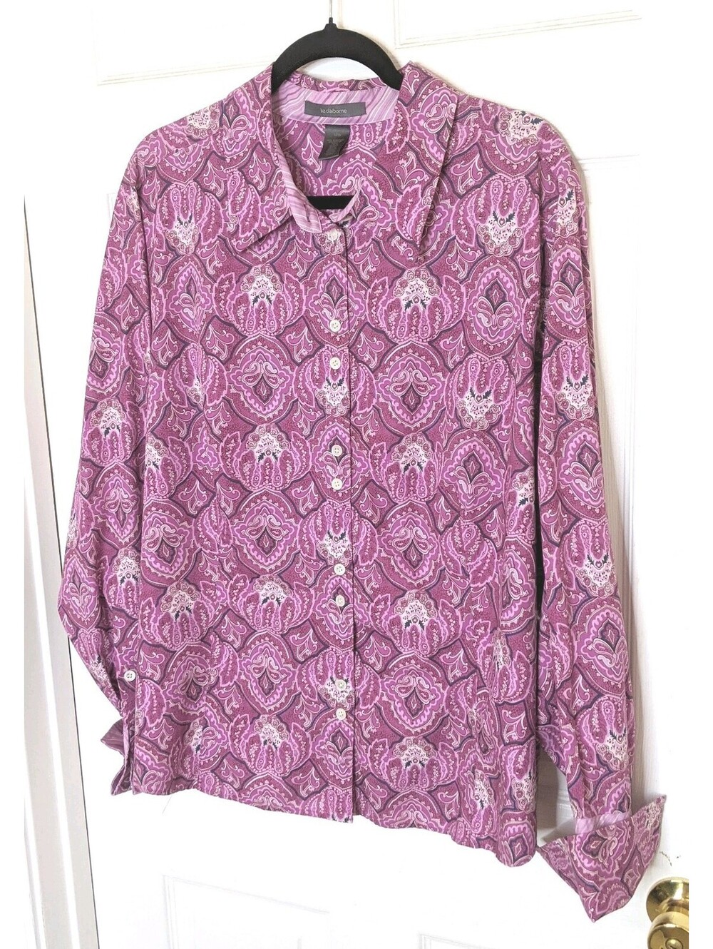 Liz Claiborne Women's Purple Paisley Button Up Blouse French Cuffs Size 18W EUC